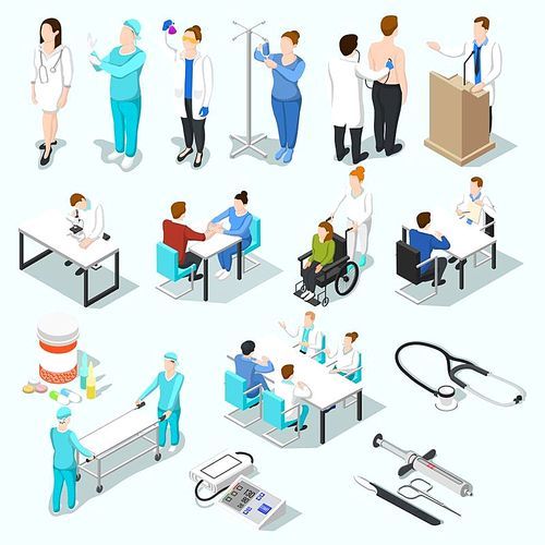 Isometric people doctor set of isolated medical equipment pills and human characters of doctor and patients vector illustration