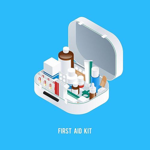 Pharmacy aid kit composition with isometric image of medicine box filled with different drugs and medication vector illustration