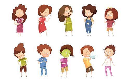 Colored sickness child retro cartoon icon set with girls and boys different degree of disease vector illustration
