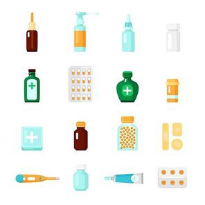 Medications icon set with different types of drugs and medical products in form of droplets blisters and tablets vector illustration