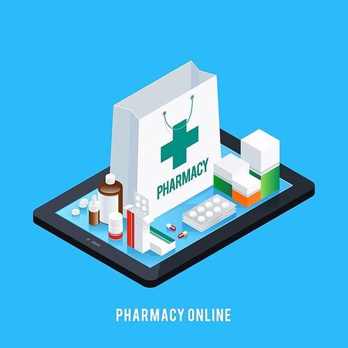 Online pharmacy conceptual composition with isometric images of tablet and various pharmaceutical drugs on screen top vector illustration
