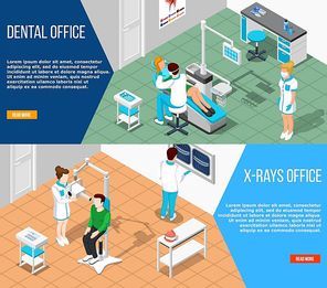 Dentist horizontal banners set with isometric indoor compositions of dental surgery interior with read more button vector illustration