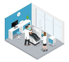 Colored stomatology dentistry isometric composition with patient at the doctors office on dental treatment vector illustration