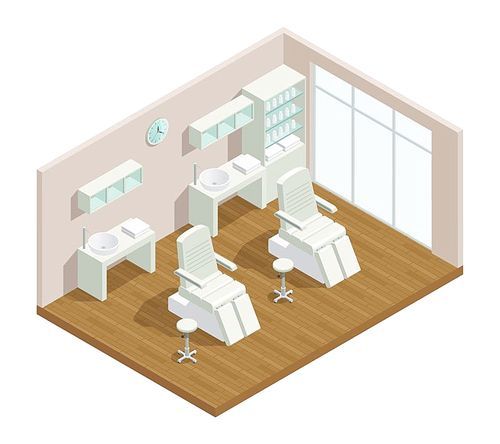 Cosmetology beauty salon isometric interior composition with window closet furniture shelves and two hydraulic facial beds vector illustration