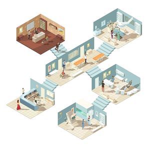 Isometric hospital building concept with doctors patients and equipment on white background vector illustration