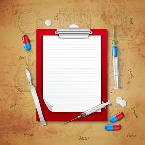 Composition with realistic medical tools syringe lancet pills and blank doctors notepad page on grunge background vector illustration