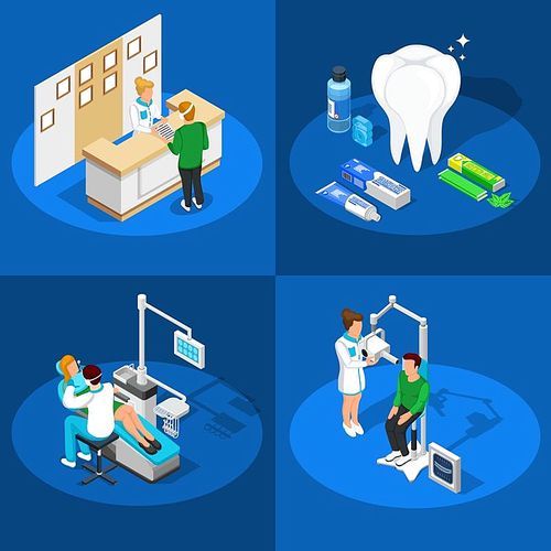 Isometric dentist design concept with compositions of dental care procedures and equipment images with human characters vector illustration