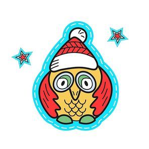 Christmas illustration hand drawn. Owl in Christmas cap.
