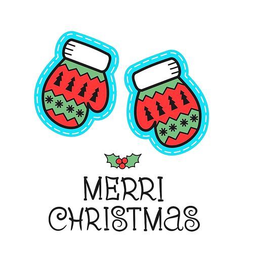 Christmas illustration hand drawn. Multi colored Mittens. The inscription merry Christmas!