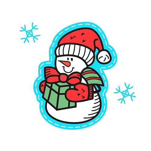 Christmas illustration hand drawn. Snowman in hat with gift in hand.