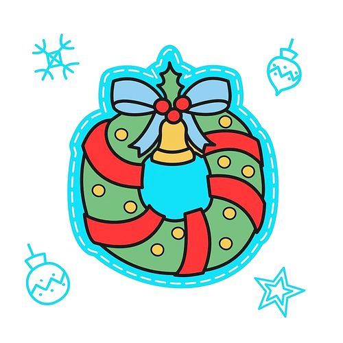 Christmas illustration hand drawn. Christmas fir wreath. A wreath decorated with ribbons and toys.