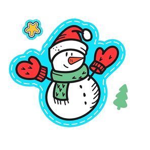 Christmas illustration hand drawn. Snowman in mittens and cap.