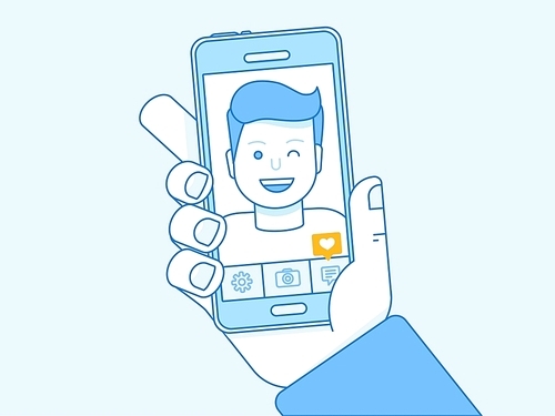 Vector illustration in trendy linear style and blue colors - selfie concept - hand of a man taking photo and self-portrait - photo editing and sharing app on the screen of the mobile phone