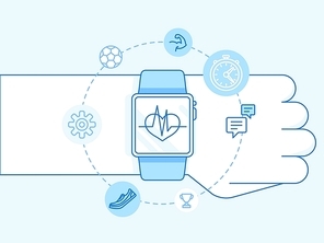 Vector illustration in trendy linear style and blue colors - smart watch and fitness tracker concepts - hand with sport signs
