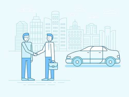 Vector illustration in trendy linear flat style and blue colors - car sharing concept - new model of car rental service - collaborative consumption and sharing economy