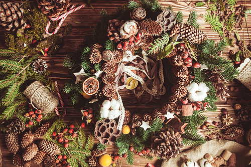nature components wreath - preparation for making natural  decorations