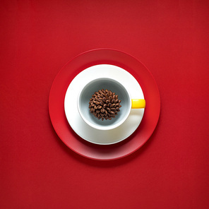 Creative concept photo of kitchenware, painted plate with food on it on red background.