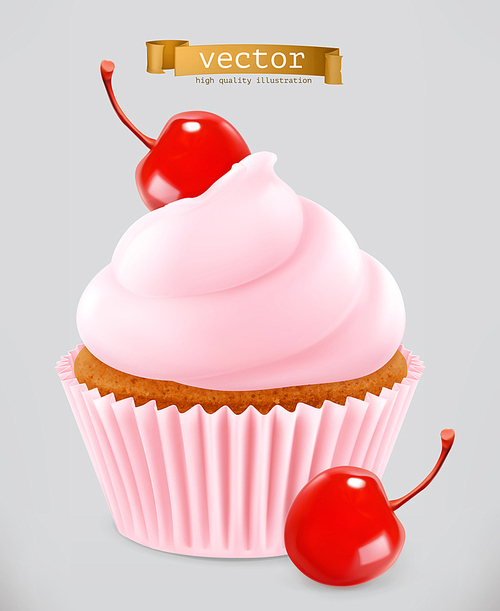 Cupcake with cherry. 3d realistic vector icon