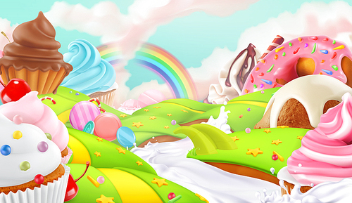Cupcake, fairy cake. Sweet landscape, 3d vector background