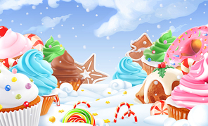 Cupcake, fairy cake. Winter sweet landscape. Christmas background. 3d vector illustration