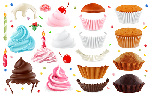 Cupcakes maker. Creation set of design elements. 3d realistic vector icons