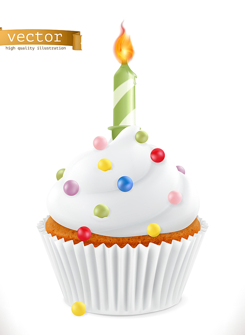 Festive cupcake with candle. 3d realistic vector icon