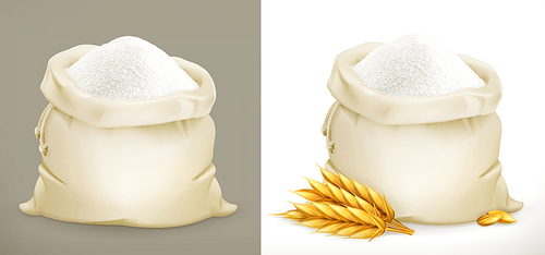 Bag of flour and wheat. 3d vector icon