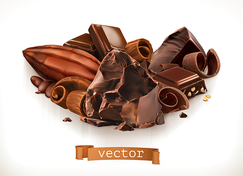 Chocolate bars and pieces, shavings, cocoa fruit, 3d vector illustration