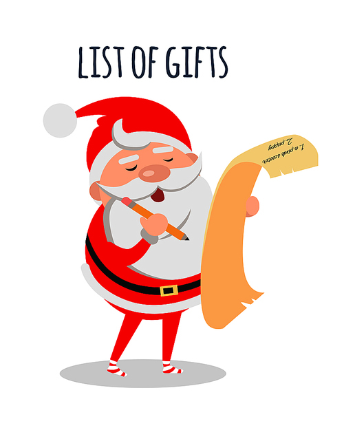 List of gifts. Santa Claus with wish list. Santa make notes about presents. Merry Christmas and Happy New Year concept. Winter holiday illustration. Greeting card. Vector in flat style design
