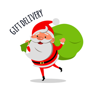 Gift delivery. Santa Claus delivers gifts to children. Fast holiday delivery. Merry Christmas and Happy New Year concept. Winter holiday illustration. Greeting card. Vector in flat style design