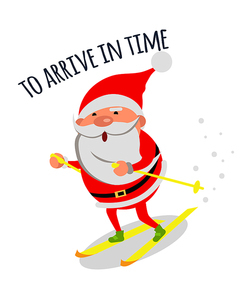 Santa Claus arrive in time. Santa hurries to winter holidays to congratulate people. Merry Christmas and happy New Year concept. Winter holiday illustration. Greeting card. Vector in flat style design