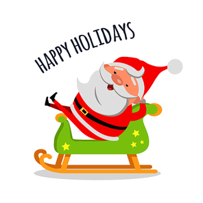 Happy holidays. Santa relax by riding wooden green sleigh. Active entertainment. Merry Christmas and happy New Year concept. Winter holiday illustration. Greeting card. Vector in flat style design