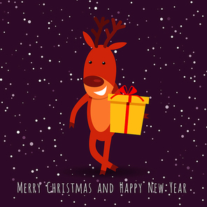 Merry Christmas and Happy New Year. Reindeer with gift box greeting. Smiling cartoon character in flat style design. Cute deer posing on background of abstract snowy landscape, night star sky. Vector