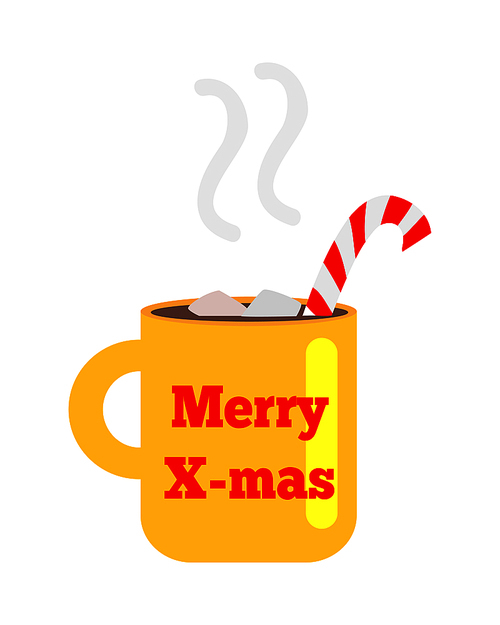 Merry Christmas yellow cup with handle. Striped red-white bent straw. Hot drink inside. Steam. Pieces of sugar. Illustration of isolated teacup with red inscription. Flat style. Cartoon design. Vector