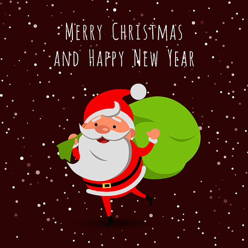 Merry Christmas and Happy New Year. Running Santa Claus with big green bag of presents behind back. Dark speckled background. Flat style. Cartoon design. Illustration of happy Santa Claus. Vector