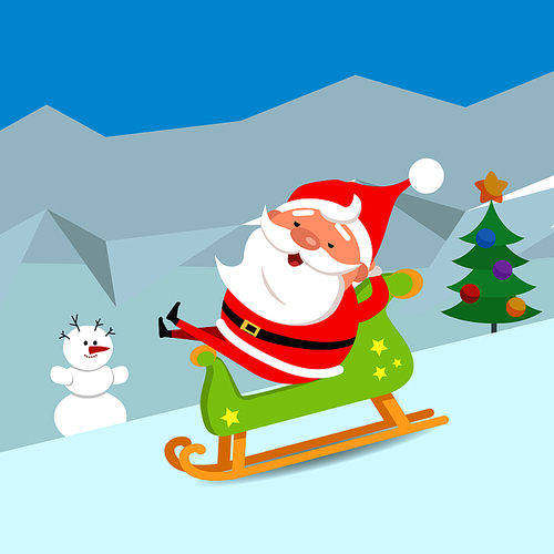 Cartoon Santa Claus riding a wooden green sleigh. Snowman. Christmas tree decorated with different bows and toys. Santa comfortably sitting in sledge. Flat design. Hills covered with snow. Vector