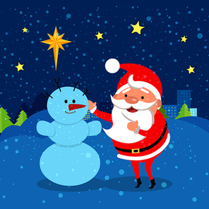 Santa Claus standing near snowman. Snowflakes are falling. Evening. City. Sky with many yellow stars. Green trees. High buildings. Flat design. Ground covered with snow. Cartoon style. Vector
