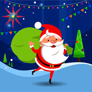 Santa Claus waving and holding big green sack of presents. Ground covered with snow. Decorated city. Evening. Adorned green trees. Cartoon style. Illustration of isolated man. Flat design. Vector