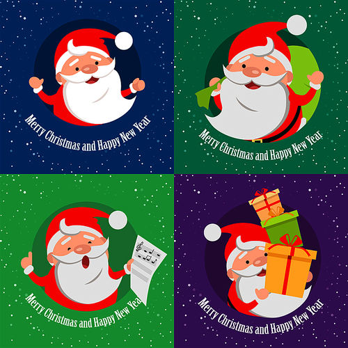 Merry Christmas and Happy New Year. Set of banners. Santa Claus with bag of presents. Santa Claus with many gift boxes. Singing Santa Claus holds paper with musical notes. Cartoon style. Vector