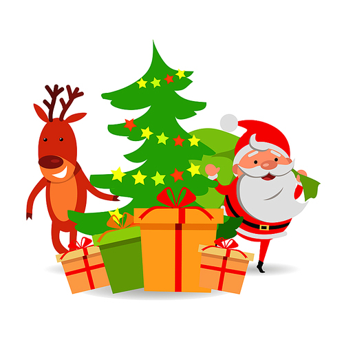 Santa Claus and deer near decorated Christmas tree. Different boxes of presents. Santa Claus holding green sack with gifts. Cartoon design. Evergreen tree adorned with stars. Flat style. Vector
