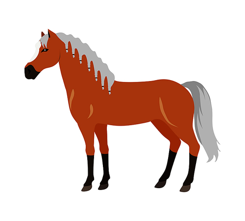 Red horse with white white mane vector. Flat design. Domestic animal. Country inhabitants concept. For farming, animal husbandry, horse sport illustrating. Agricultural species. Isolated on white
