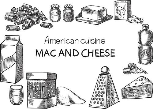 Mac and Cheese. Creative conceptual vector. Sketch hand drawn American food recipe illustration, engraving, ink, line art, vector.