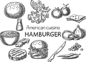 Hamburger. Creative conceptual vector. Sketch hand drawn American food recipe illustration, engraving, ink, line art, vector.