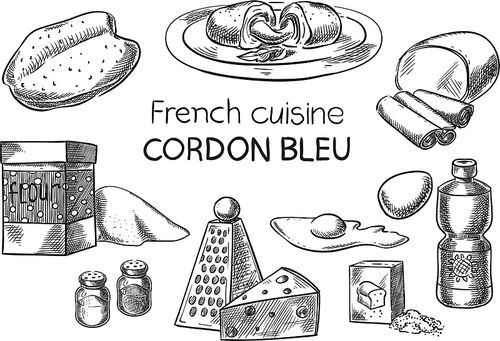 Cordon Bleu. Creative conceptual vector. Sketch hand drawn french food recipe illustration, engraving, ink, line art, vector.
