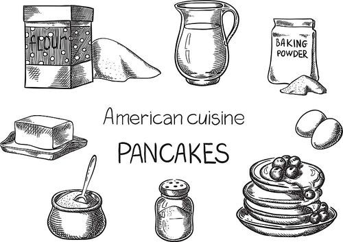 crepes. creative conceptual vector. sketch hand drawn american food recipe illustration, engraving, ink, line art, vector.