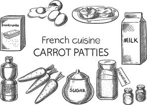 Carrot Patties. Creative conceptual vector. Sketch hand drawn french food recipe illustration, engraving, ink, line art, vector.