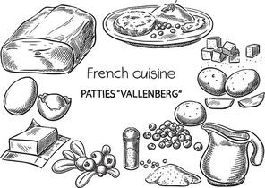 Patties  - Vallenberg. Creative conceptual vector. Sketch hand drawn french food recipe illustration, engraving, ink, line art, vector.