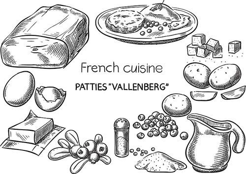 Patties  - Vallenberg. Creative conceptual vector. Sketch hand drawn french food recipe illustration, engraving, ink, line art, vector.