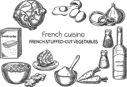French Stuffed-Cut Vegetables. Creative conceptual vector. Sketch hand drawn french food recipe illustration, engraving, ink, line art, vector.