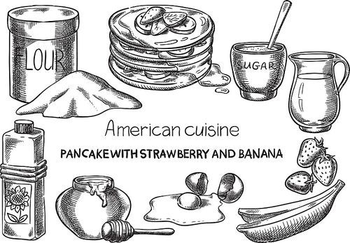 crepe with strawberry and banana. creative conceptual vector. sketch hand drawn american food recipe illustration, engraving, ink, line art, vector.
